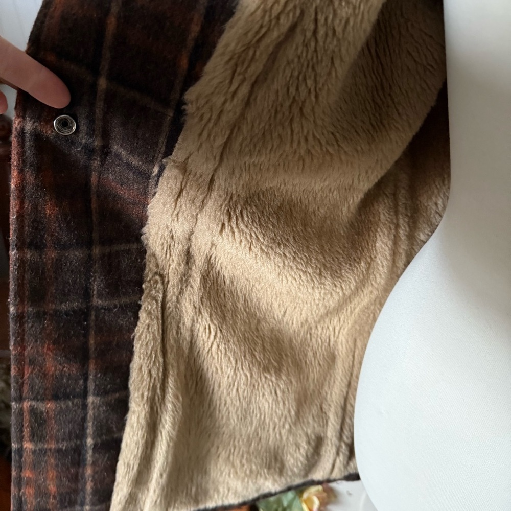 Womens Brown Plaid Toggle Coat with Faux Fur Hood - Picture 3 of 4